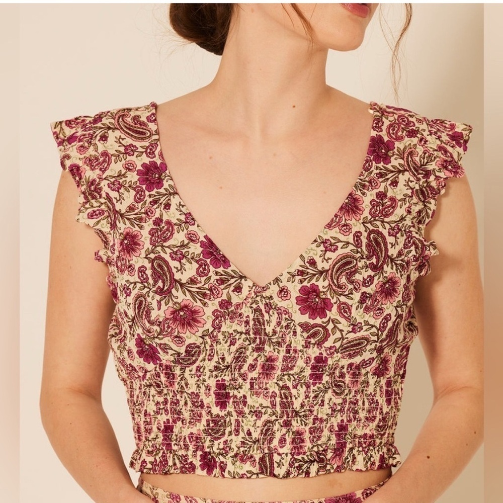 Patrons of Peace Smocked Floral Paisley Boho Crop Top Ruffle Sleeve S